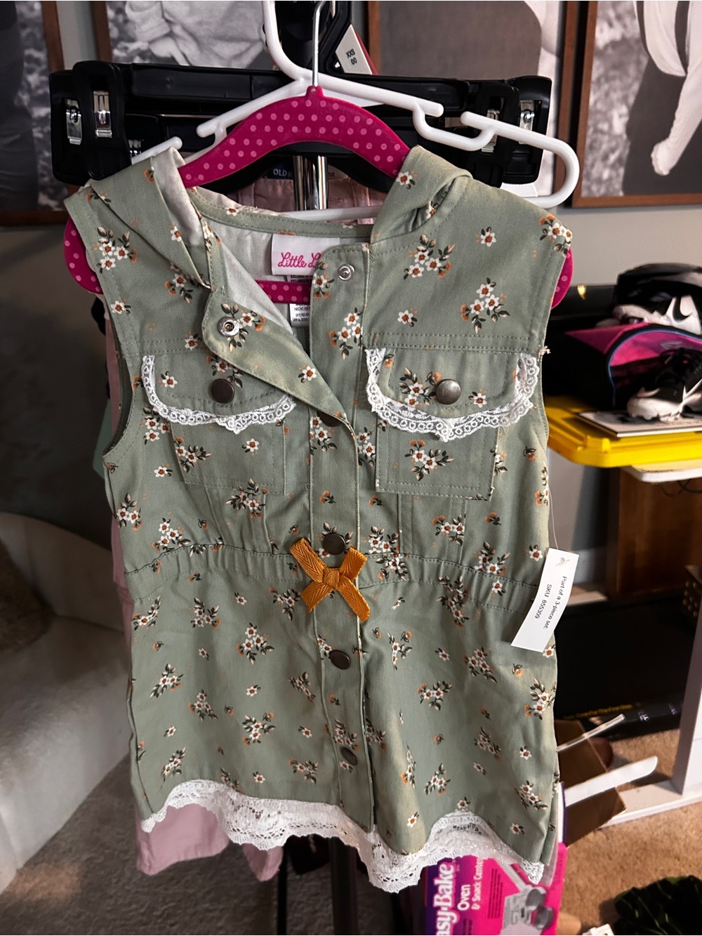 Little Lass Sage Green Floral Hoodie Dress with White Lace 5T NWT